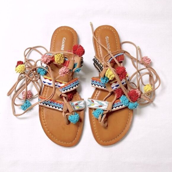Gianni Bini Shoes - NWOT Gianni Bini Women’s Leather Bohemian Wraparound Sandal with Pom Pom